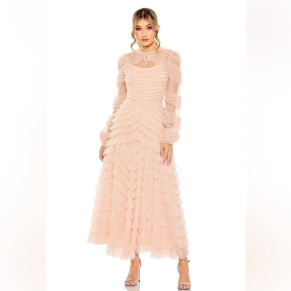 New Mac Duggal Blush Long Sleeve Ruffled Peach